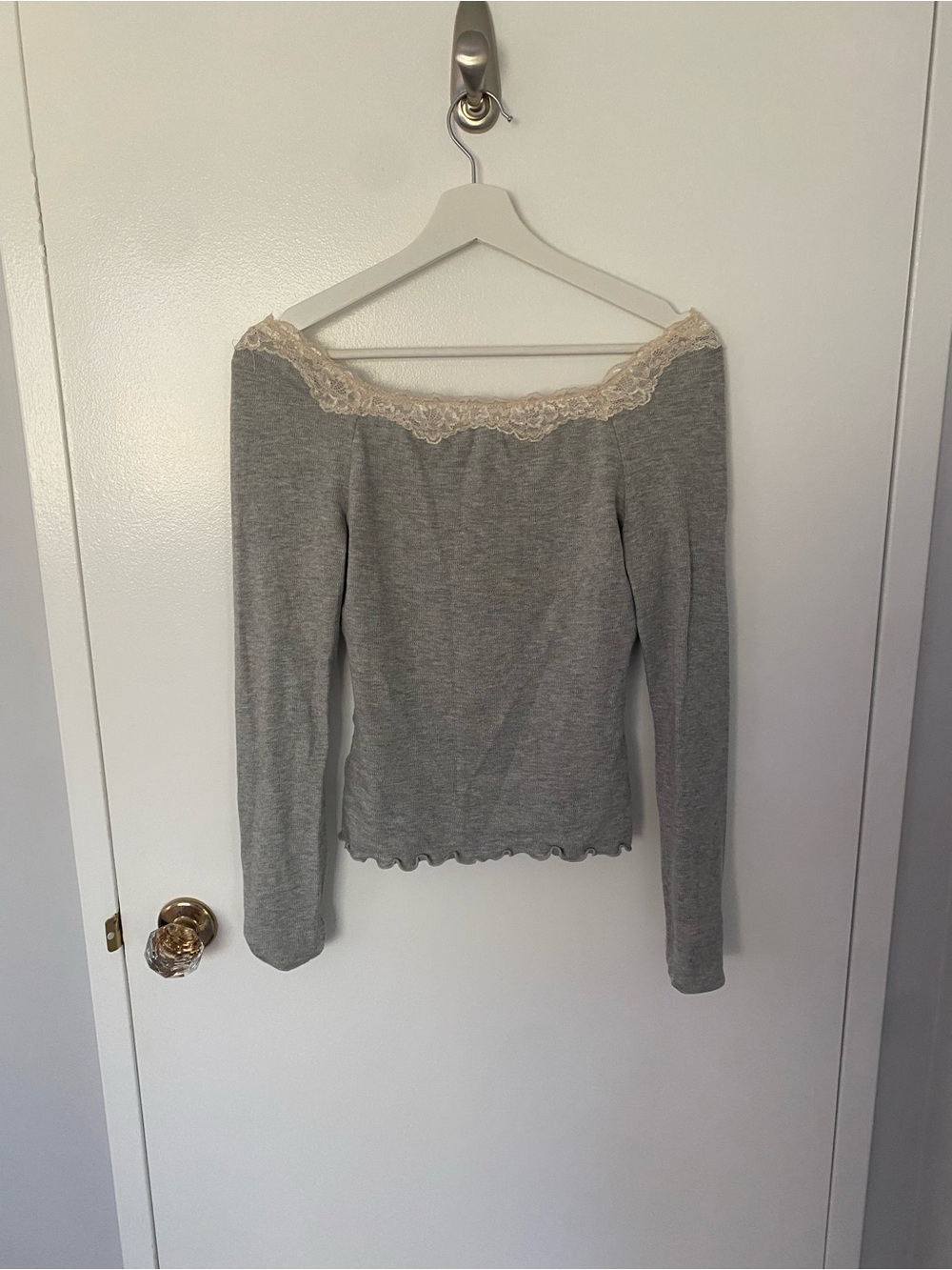 Free people Grey Off-the-Shoulder shirt with Cream Lace Trim